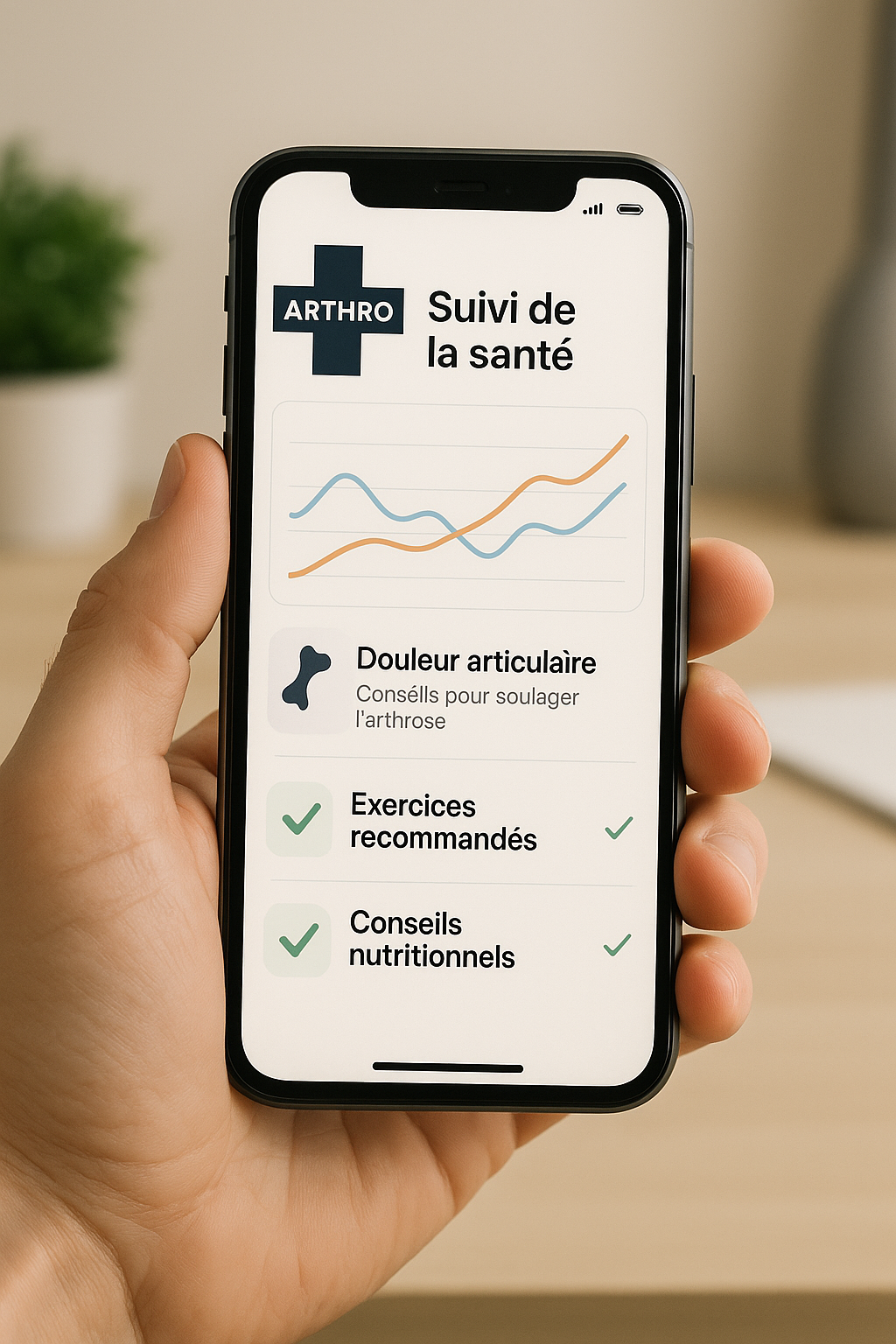 Main tenant un smartphone affichant l'application Arthro+ de suivi de santé pour l'arthrose, avec courbes de progression et conseils bien-être